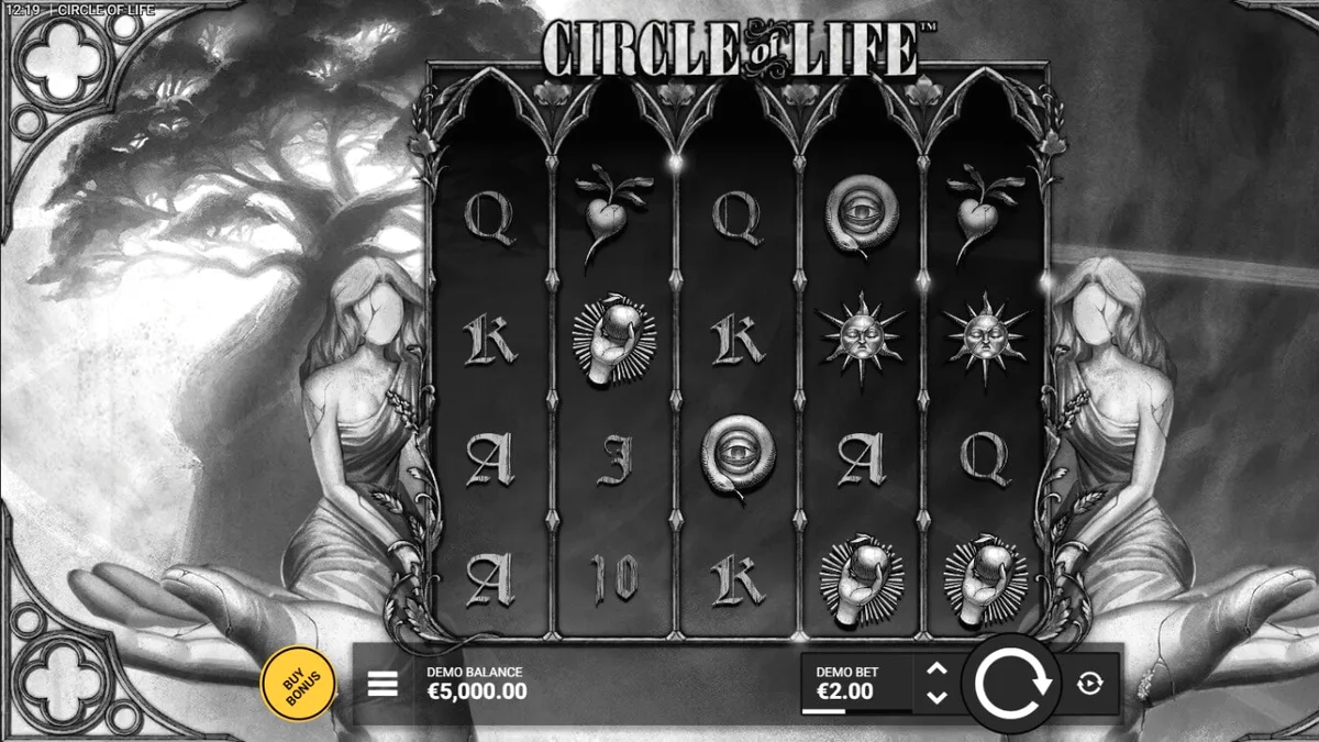 Visual artístico e monocromático do slot Circle of Life com a Árvore da Vida em destaque