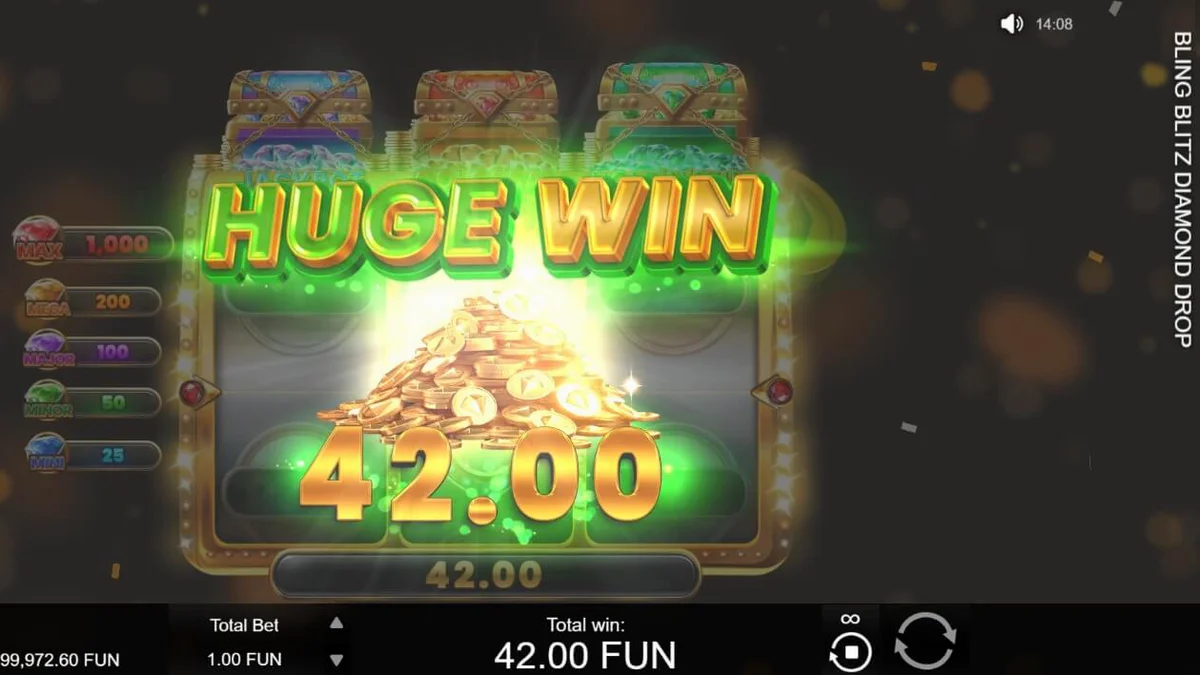 Interface brilhante e luxuosa do slot Bling Blitz Diamond Drop com diamantes e moedas douradas.